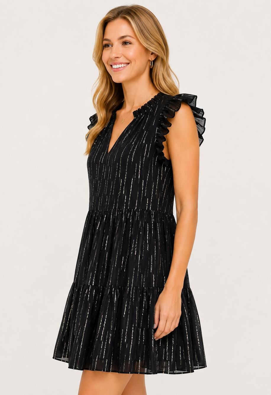 A loves A Metallic Stripe Tiered Mini Dress Black Silver Womens Size Small